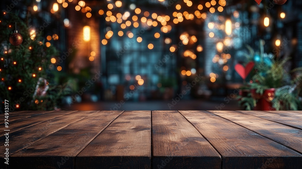 Poster empty wooden tabletop with festive lights and decorations providing copy space for product placement