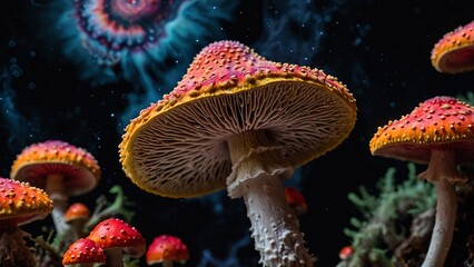 Beautiful psychedelic art illustration of entheogenic amanita muscaria mushrooms with blurry swirling space and galaxies in the background. Vibrant trippy fly agaric illustration artwork.