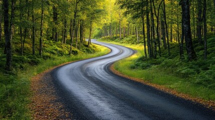 Obraz premium Winding empty road leading through green forest in summer