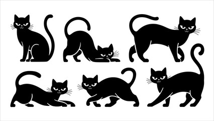 Black silhouette cats in different poses. Vector illustration isolated on white background