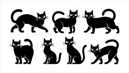 Black silhouette cats in different poses. Vector illustration isolated on white background