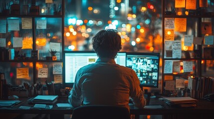 A man sitting at a desk in a dimly lit room, monitoring security camera feeds on a wall