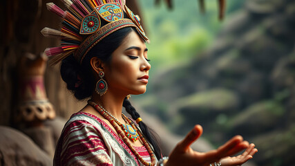 Obraz premium Mayan woman meditating to open her third eye. Beautiful tribal woman in traditional dress, blurred background.