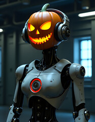 Fototapeta premium А futuristic humanoid robot with a Halloween pumpkin head, whose eyes and mouth glow with a mystical orange color.