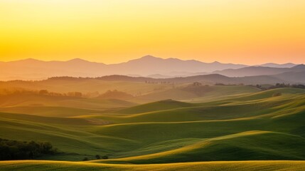 Fototapeta premium Yellow sunset over rolling hills, warm and serene,