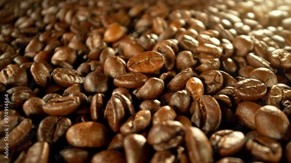Aufkleber super slow motion of coffee beans rotating in roasting grinder. concept of roasting coffee beans. fi