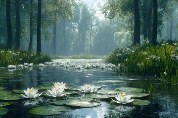 Serene water lilies bloom on a tranquil pond in a misty forest
