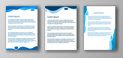 Three different document templates featuring wave designs at the top and bottom, each with Lorem Ipsum placeholder text. Set against a gray background. Concept of mockup and template