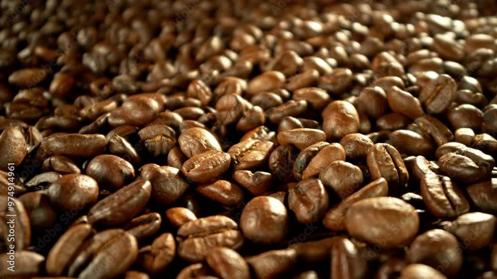 Poster super slow motion of coffee beans rotating in roasting grinder. concept of roasting coffee beans wit