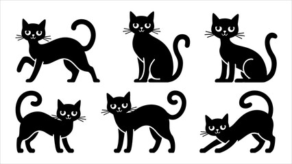 Black silhouette cats in different poses. Vector illustration isolated on white background