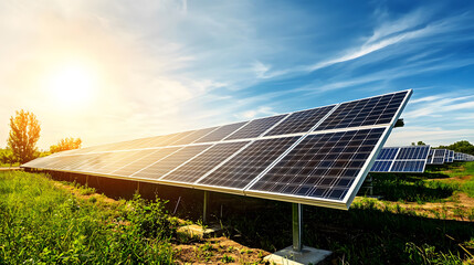 A modern solar farm with thousands of solar panels basking in sunlight, showcasing renewable energy technology in lush green landscape