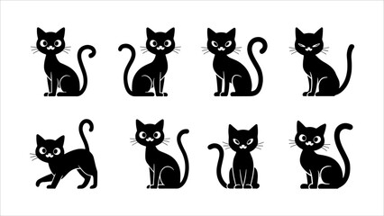Black silhouette cats in different poses. Vector illustration isolated on white background