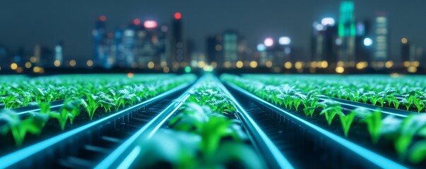 Digital urban farming, holographic crop growth monitoring, futuristic cityscape