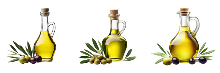 set of bottles of oil and olives isolated on transparent background