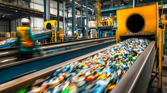 Recycling plant in action, showcasing workers efficiently sorting and processing various materials. vibrant colors of plastic bottles and containers highlight importance of recycling