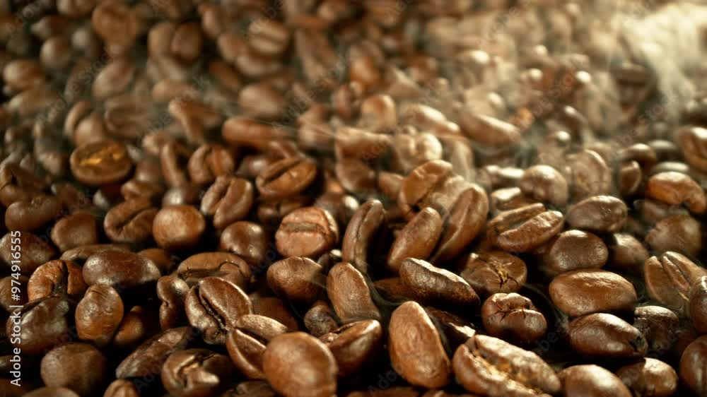 Poster super slow motion of coffee beans rotating in roasting grinder. concept of roasting coffee beans. fi