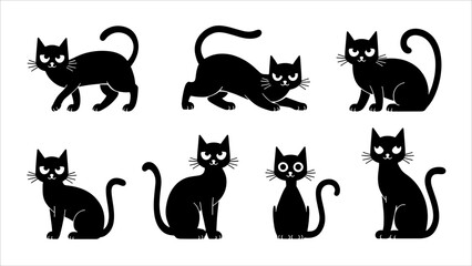Black silhouette cats in different poses. Vector illustration isolated on white background