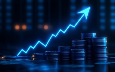 Blue glowing arrow pointing upward over stacks of silver coins, Concept of economic growth, profit, investment, success