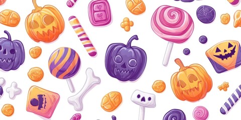 A seamless pattern with Halloween-themed sweets, including pumpkins, lollipops, bones, and candy.