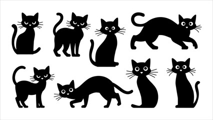 Black silhouette cats in different poses. Vector illustration isolated on white background