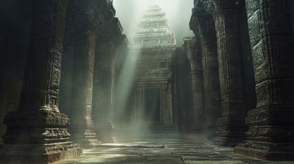 Obraz premium Sunbeams Illuminating a Stone Pathway Within an Ancient Temple