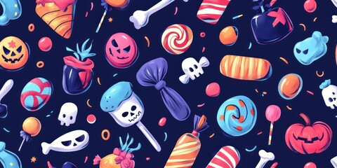 Naklejka premium Seamless pattern with Halloween candy, sweets, and skulls on a dark blue background.