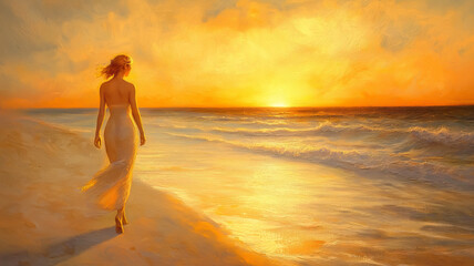 Fototapeta premium July Sunset Stroll, Capture the serene moment of a woman walking along the beach at sunset