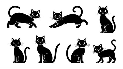 Black silhouette cats in different poses. Vector illustration isolated on white background