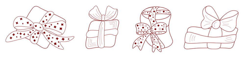Linear gift packaging with decorated bows. Set of gift boxes on white background