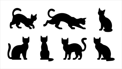 Black silhouette cats in different poses. Vector illustration isolated on white background