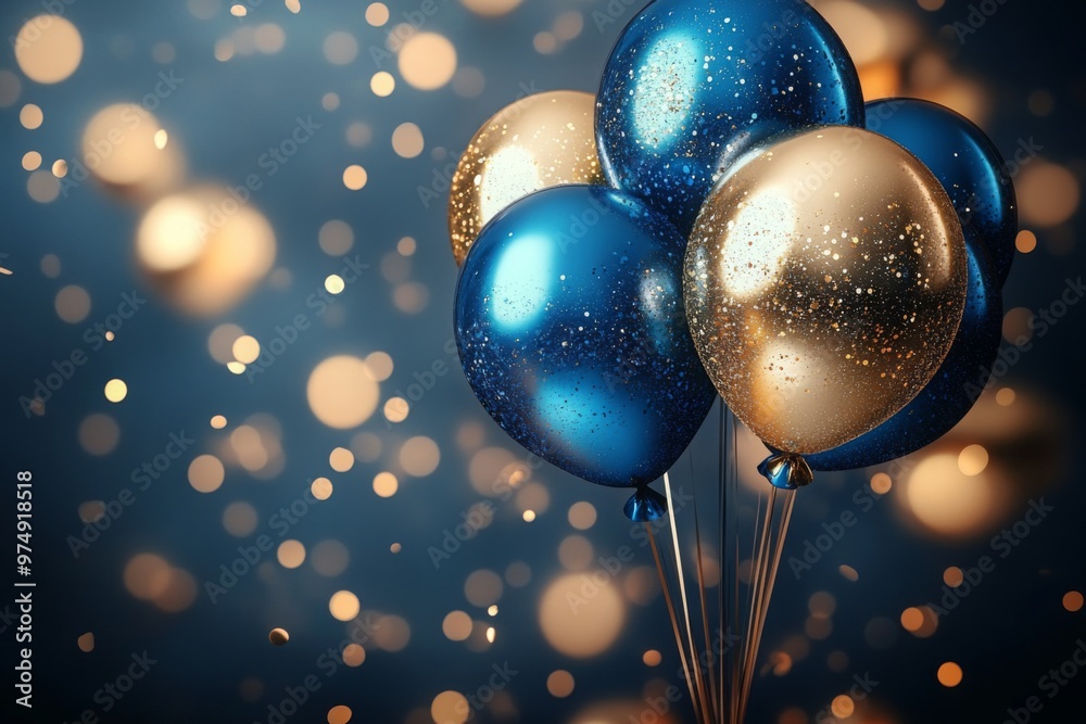 Wall mural realistic festive background with golden and blue balloons falling confetti blurry background and a 