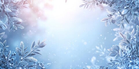 Abstract background with snowflakes and frost on pine branches, with ample copy space for text in the center. A winter banner design with falling snow,