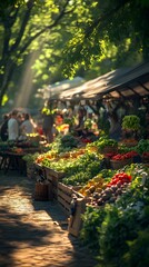 Obraz premium A vibrant farmers market scene with colorful stalls of fresh produce, surrounded by nature and people savoring the moment in soft focus