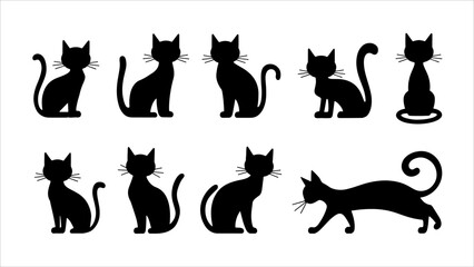 Black silhouette cats in different poses. Vector illustration isolated on white background