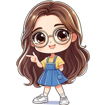 Cute cartoon girl with glasses pointing finger. Illustration of happy, friendly, cheerful chibi character for kids.