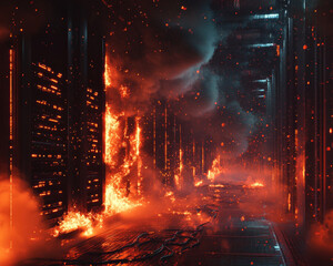 Flames engulf high tech data center, with glowing wires and smoke filling air, creating dramatic and intense atmosphere. scene captures chaos of fire in modern technological environment