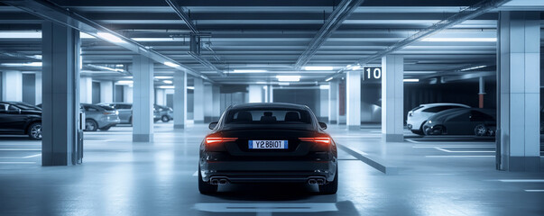 A sleek car is parked in modern underground parking garage, illuminated by soft lighting. atmosphere is calm and organized, showcasing spacious environment