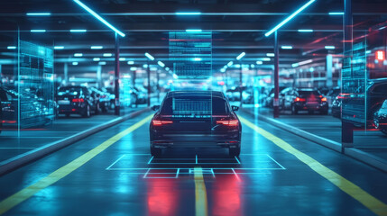 A futuristic car is parked in high tech parking garage, illuminated by vibrant blue lights and digital displays, showcasing advanced technology and innovation