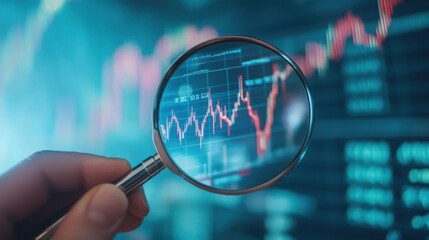 A close-up of a hand holding a magnifying glass focusing on detailed candlestick charts with a vibrant blue and red digital display in the background.

