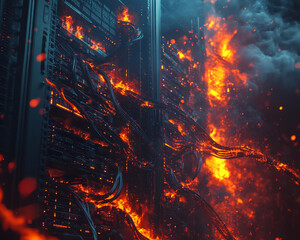 A server room engulfed in flames, with thick smoke and cables ablaze, creates dramatic and intense scene. fire climbs up cables, highlighting chaos and danger of situation