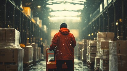 A worker in a red jacket maneuvers a pallet jack through a dimly lit warehouse with falling snowflakes creating a dramatic atmosphere.

