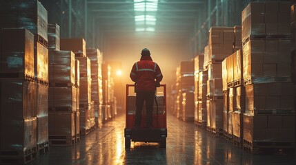 A worker in a red jacket navigates a pallet jack through a warehouse, illuminated by warm, low sunlight casting long shadows.

