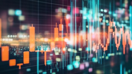 A dynamic visualization of fluctuating financial charts with vibrant orange and teal colors, set against a blurred digital background.

