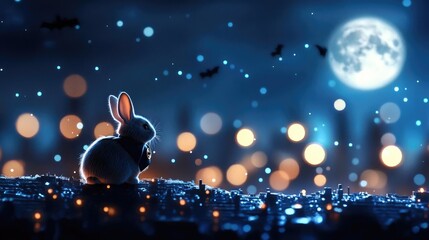 A serene night scene features a rabbit silhouetted against a glowing moon and vibrant city lights, evoking a sense of wonder and peace.