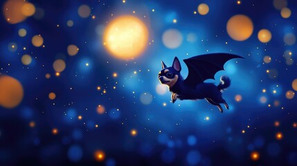 Fototapeta premium A whimsical illustration of a flying dog with bat wings, soaring through a magical night filled with glowing orbs.