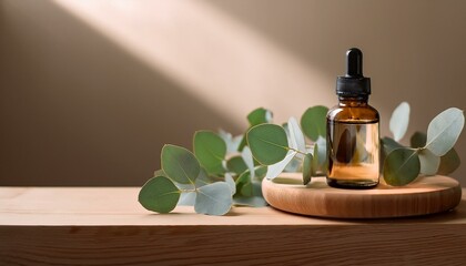 Eucalyptus essential oil bottle resting on a wooden tray, a few fresh eucalyptus leaves scat