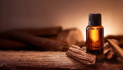  Sandalwood essential oil bottle surrounded by smooth wooden elements and warm-toned lighting