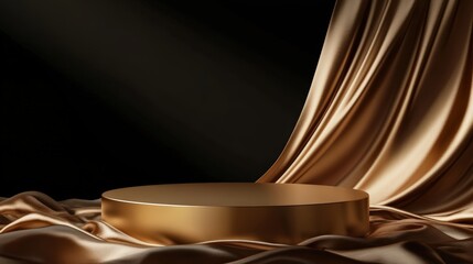 Round podium base with gold silk on a luxury black abstract background, ideal for an exhibition space, studio, or cosmetics advertising stage