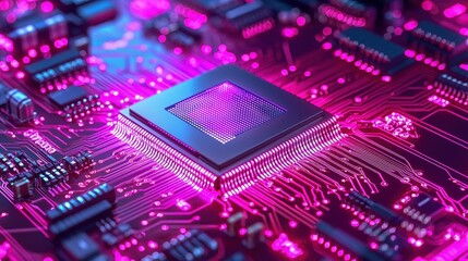 Obraz premium A vibrant close-up of a microchip amidst a colorful circuit board, showcasing intricate technology and innovation.