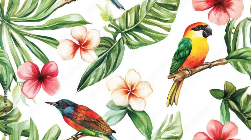 Wall mural Seamless watercolor pattern featuring tropical flowers birds and leaves